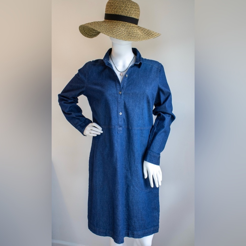 J. Jill Dark Denim Button Front Adjustable Sleeve Shirtdress Womens Dress Size S - Picture 3 of 15